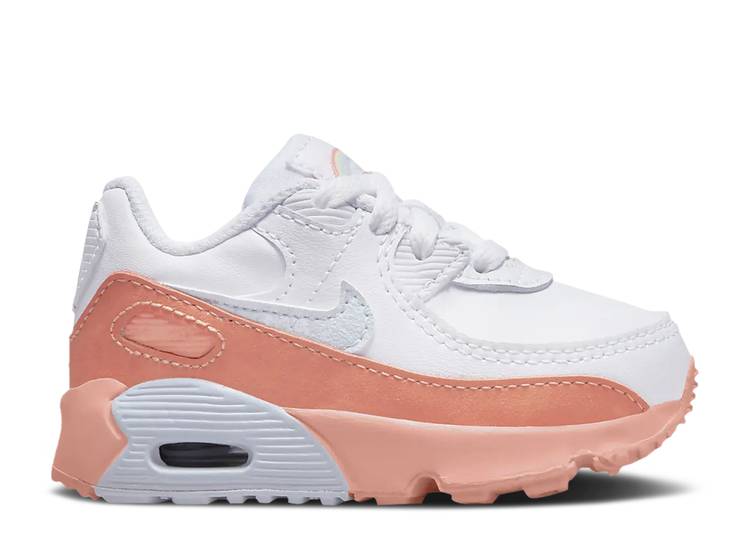Toddler Nike Air Max 90 sneaker: white upper, coral side panels, pink-tinted outsole