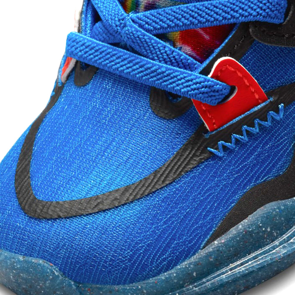 Kids Nike high-top sneaker detail, blue knit upper with black swoosh