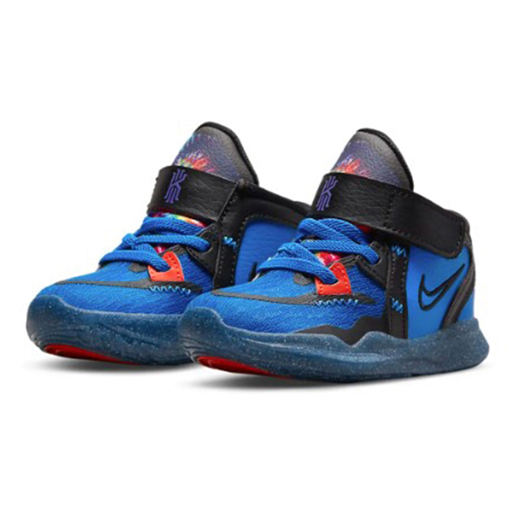 Kids Nike high-top sneakers, blue with black heel straps and red accents