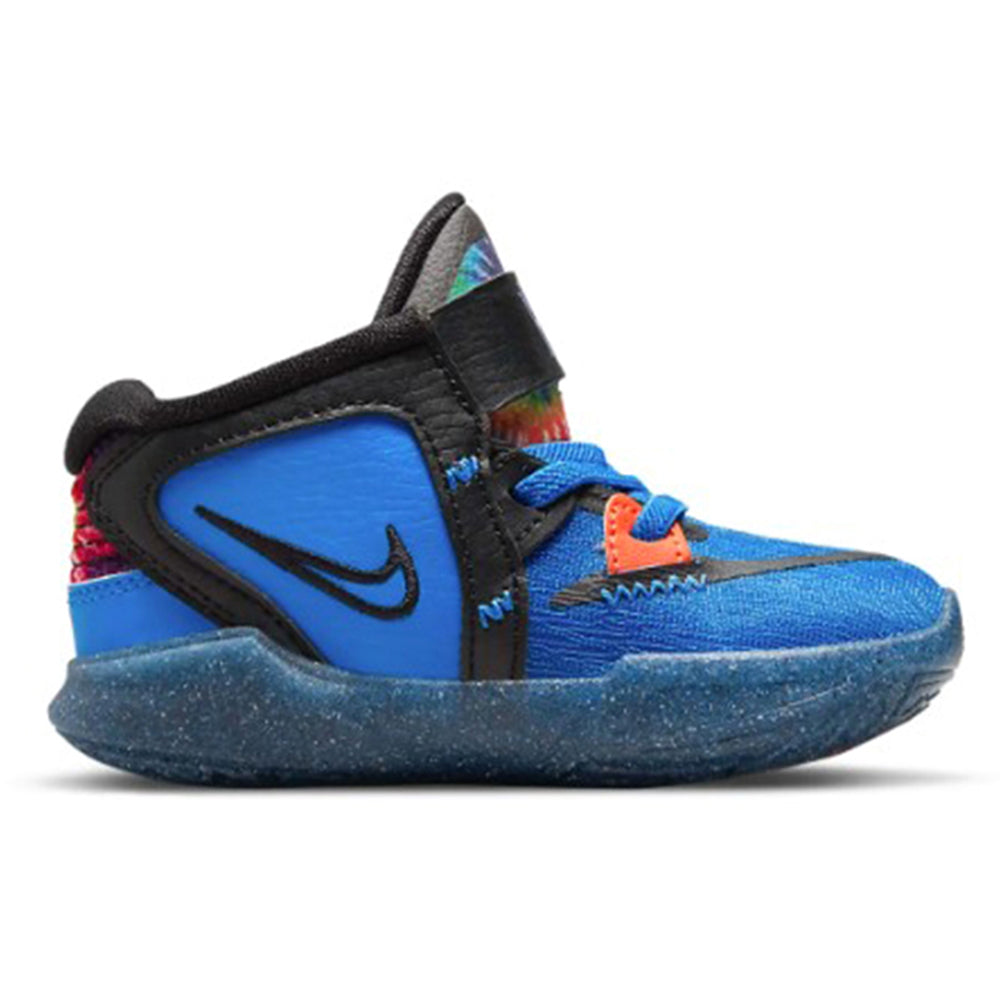 Kids Nike high-top sneakers, side view in blue with black strap and swoosh