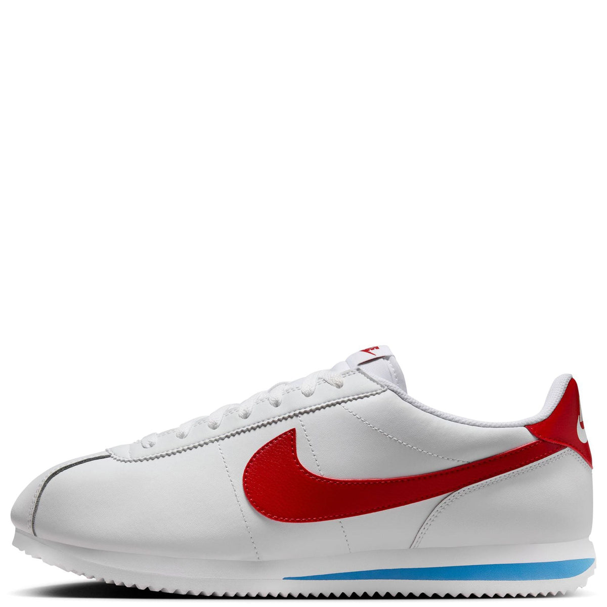 Men's Nike Cortez low-top sneakers in white with red Swoosh and blue sole edge