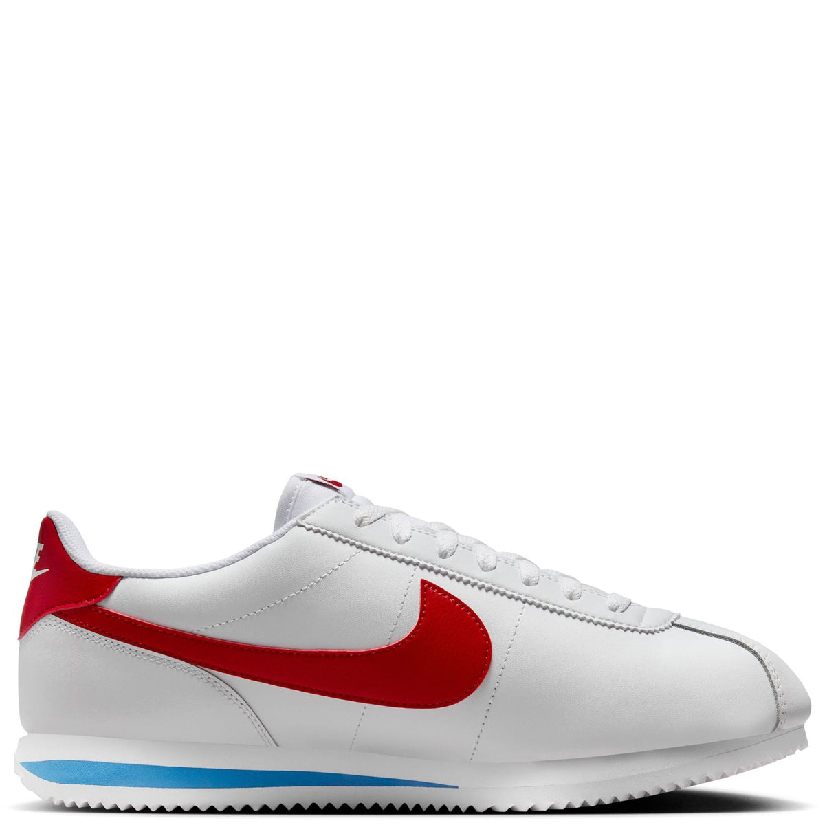 Men's white Nike Cortez sneakers with red Swoosh, lace-up front, and blue outsole trim