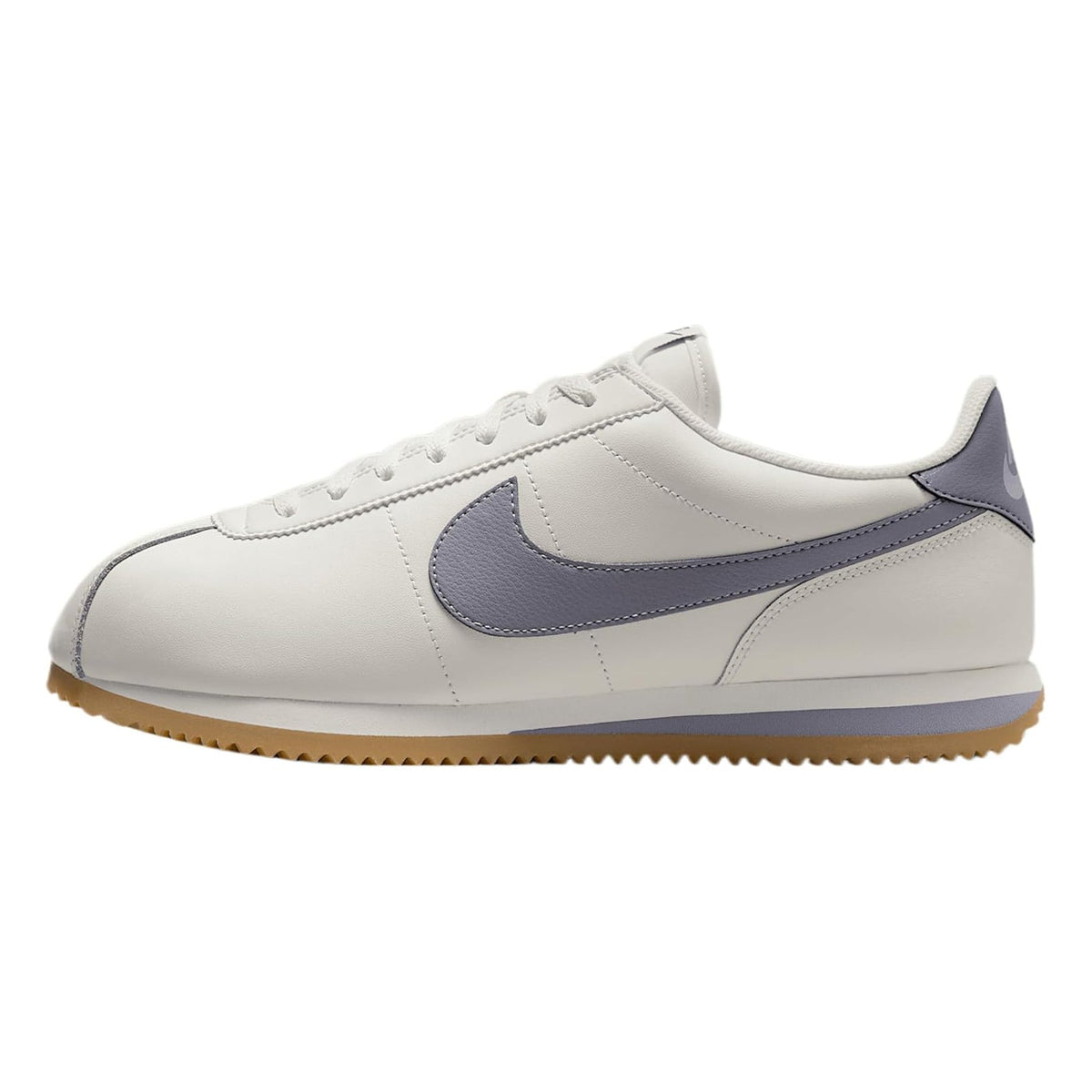 Men's Nike Cortez sneakers, white leather upper with navy swoosh and gum rubber sole.