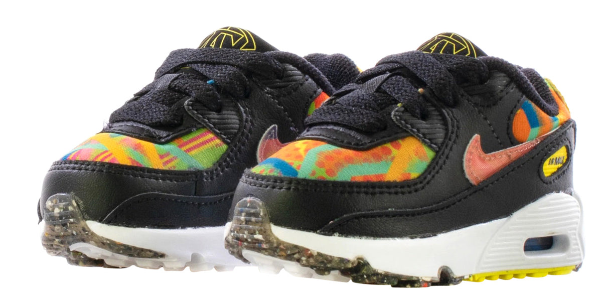 Toddler Air Max 90 sneakers, black upper with multicolor overlays and Air midsole window