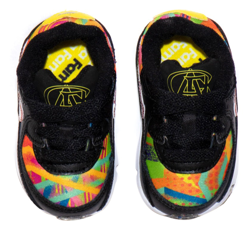 Toddler Air Max 90 sneakers, pair view with yellow Nike text inside and colorful trim