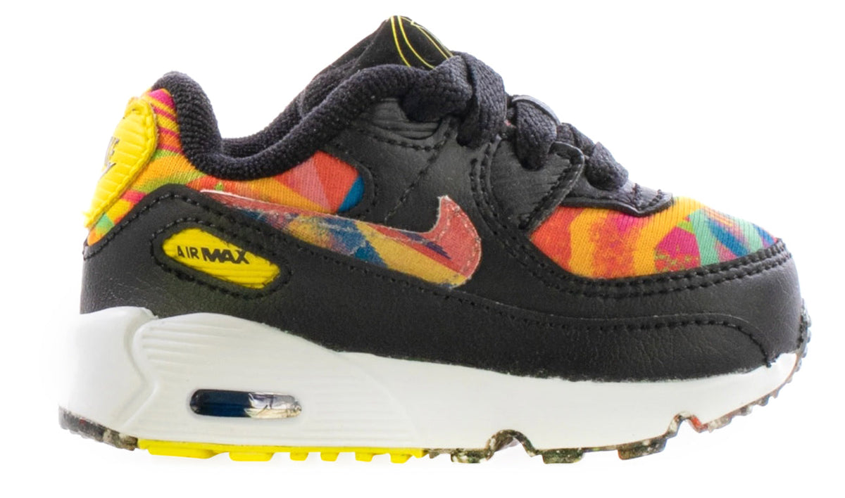Toddler Air Max 90 sneakers, black with multicolor graphics and hook-and-loop straps