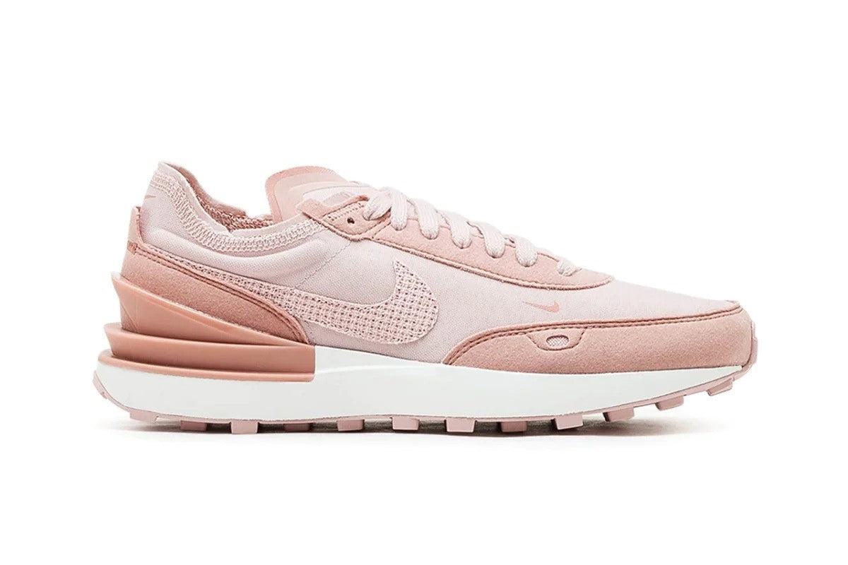 Women's Nike Waffle One ESS sneakers in light pink with suede and mesh, waffle outsole