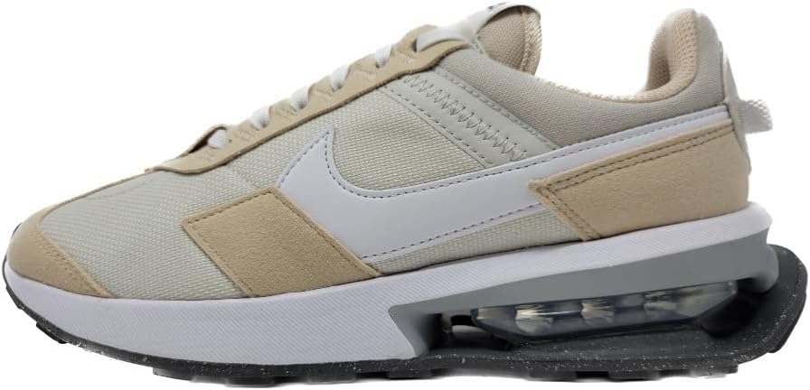 Light bone and white Nike Air Max Pre-Day sneaker with beige panel and black outsole