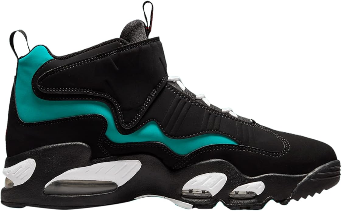 Black and teal high-top sneakers with white sole pods and lace-up collar