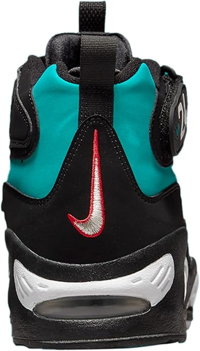 Black and teal high-top sneakers with red Nike swoosh on heel panel