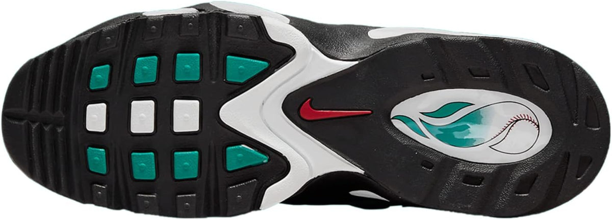 Black rubber outsole with teal blocks and Nike swoosh emblem