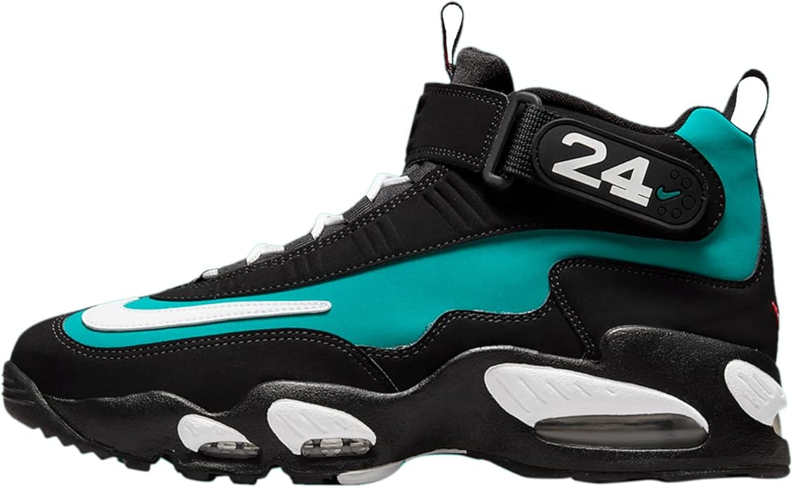 Black and teal high-top sneakers with white soles and '24' logo detail