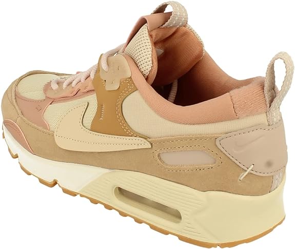Women's Nike Air Max 90 high-top sneakers with cushioned collar, tan suede, and cream accents