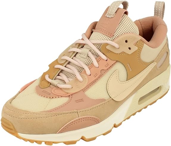 Women's Nike Air Max 90 sneakers in tan, cream, and blush with mesh upper and laces