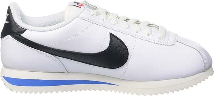 Women's Nike Cortez low-top sneakers: white with black swoosh, blue midsole stripe