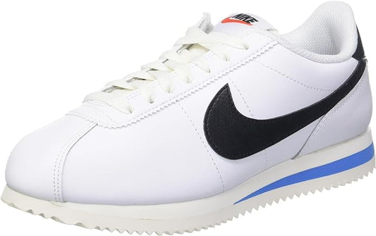 Women's Nike Cortez sneakers: white upper, black swoosh, blue heel stripe