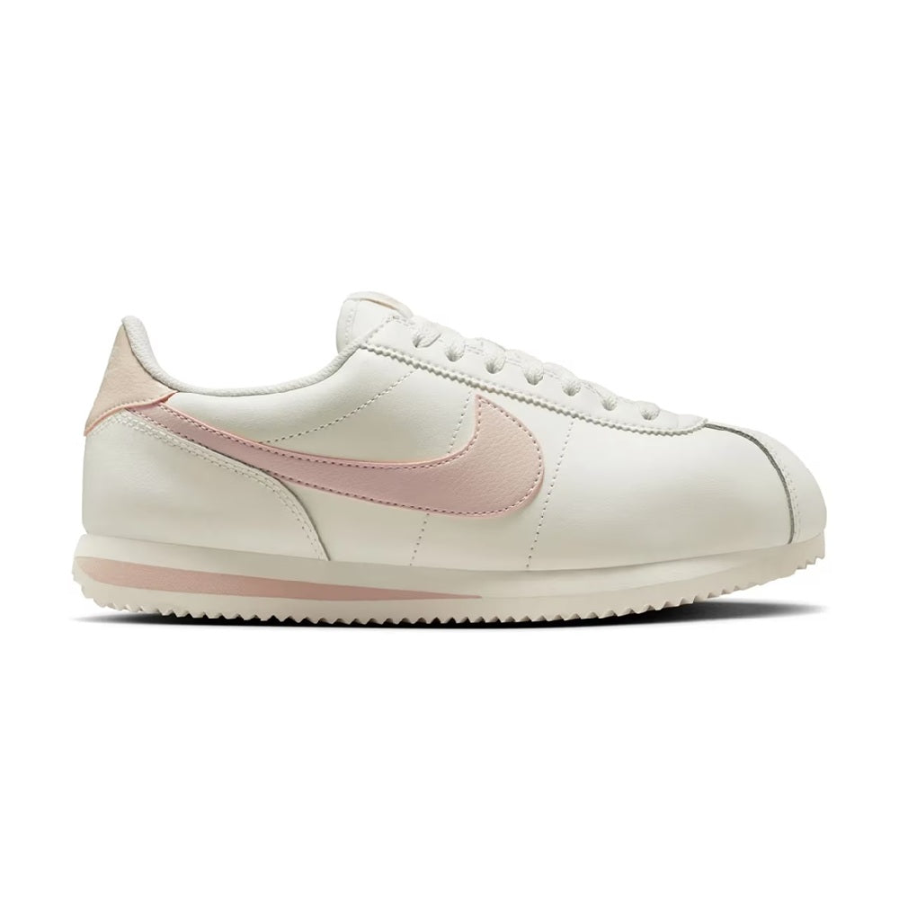 Women's Nike Cortez low-top sneakers, white with pink Swoosh and side stripe