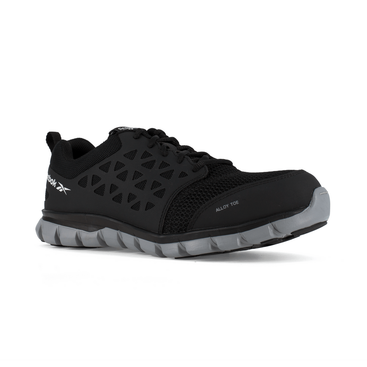 Black lace-up running shoe with side cutouts and heel branding on a gray cushioned sole