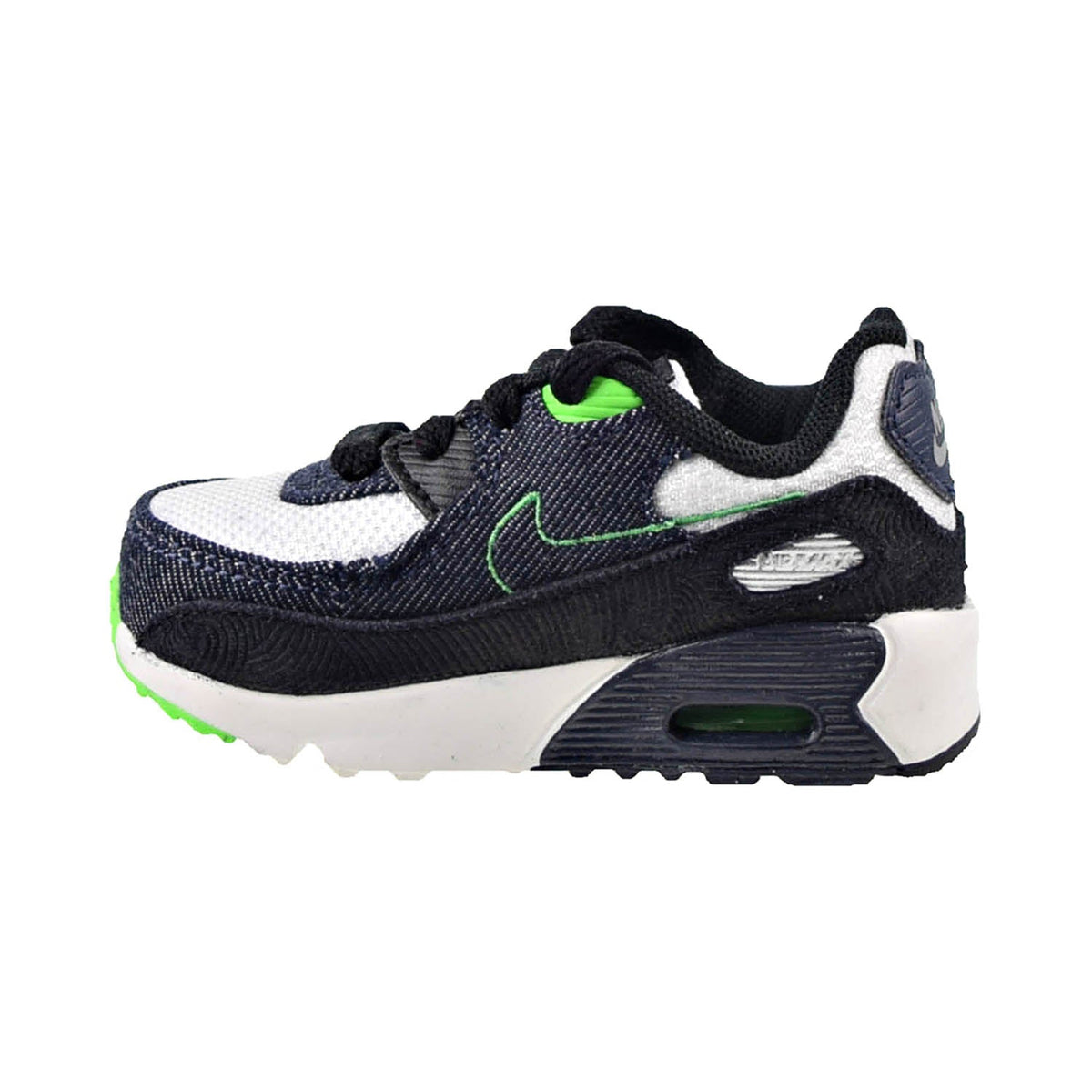 Kids' Air Max 90 sneakers with black uppers, white panels, neon green accents