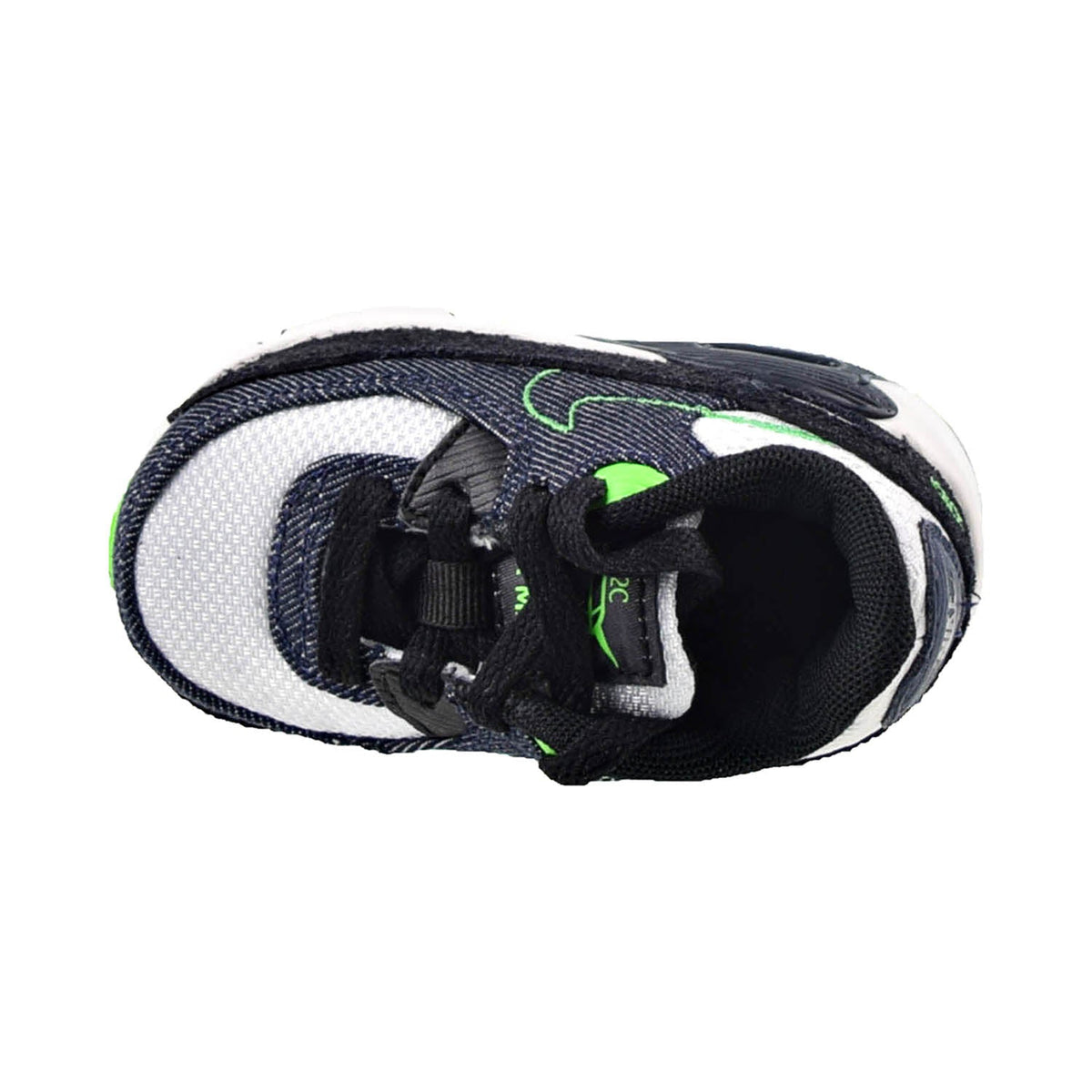Kids' Air Max 90 sneakers, lace-up opening detail in black, white, neon green