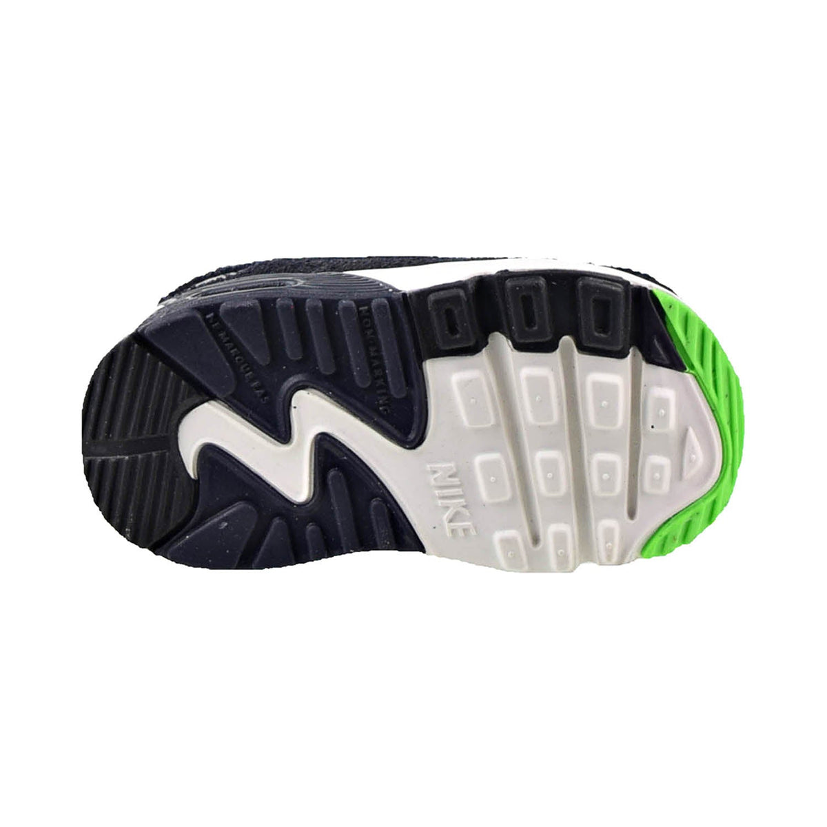 Kids' Air Max 90 sneakers outsole with dark tread and neon green edge