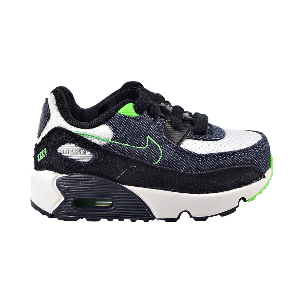 Kids' Air Max 90 sneakers, side view, black and white with neon green trim