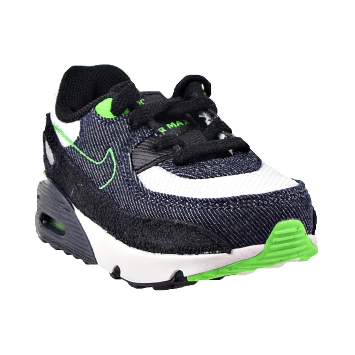Kids' Air Max 90 sneakers, black and white knit upper with neon green swoosh