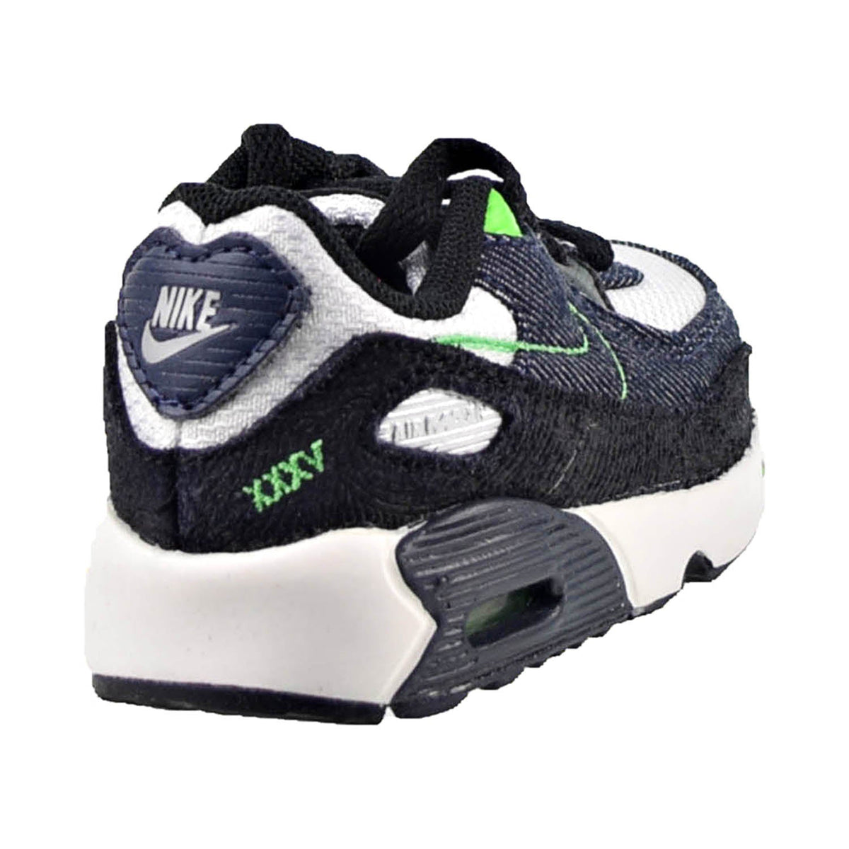 Kids' Air Max 90 sneakers with Nike logo on heel, black/white and neon green