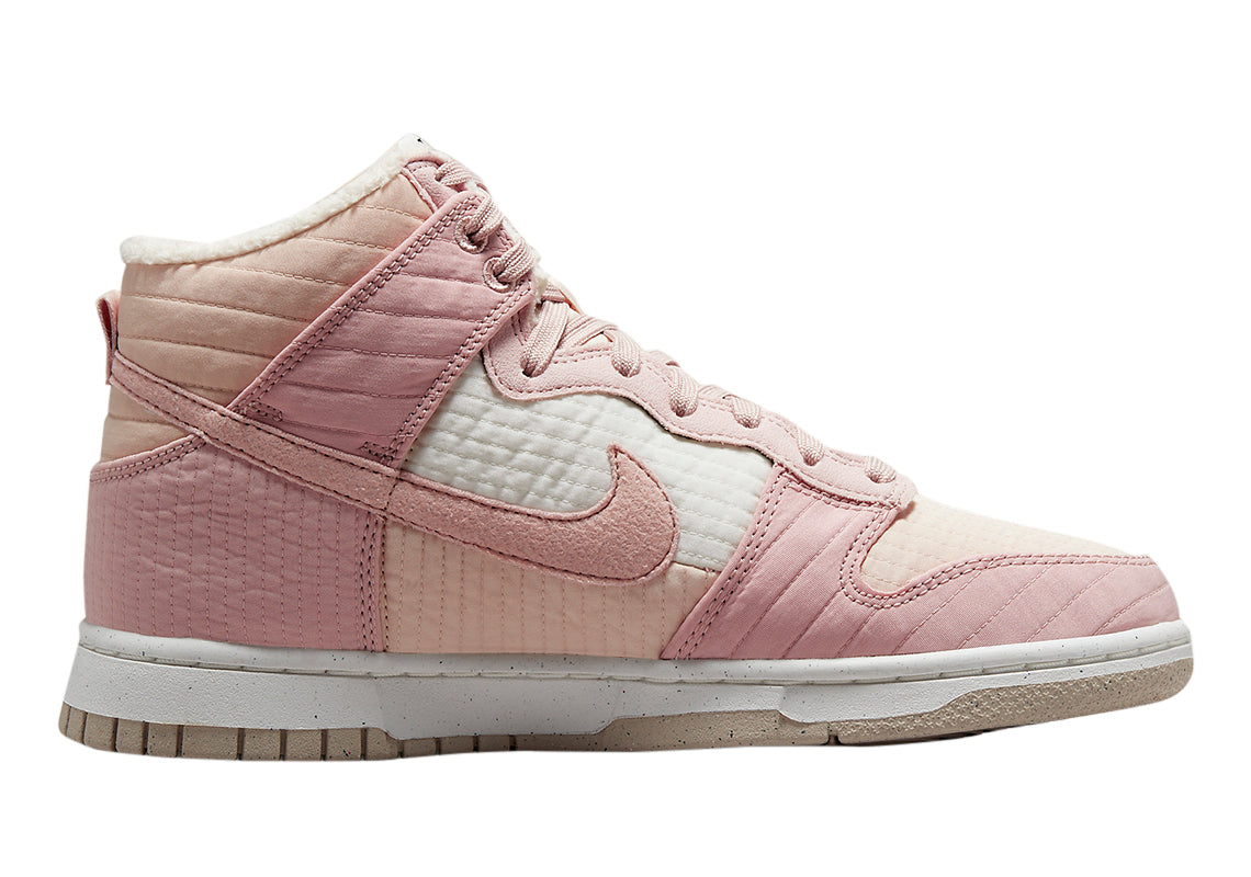 Women's high-top sneakers with pink canvas upper, contrast swoosh, and lace-up eyelets