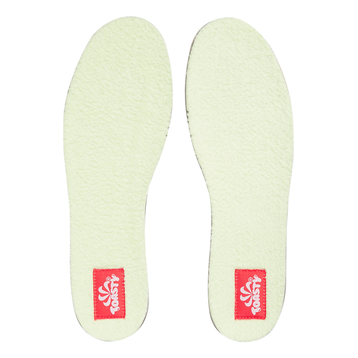Shoe insoles in light green with red Nike logo patch