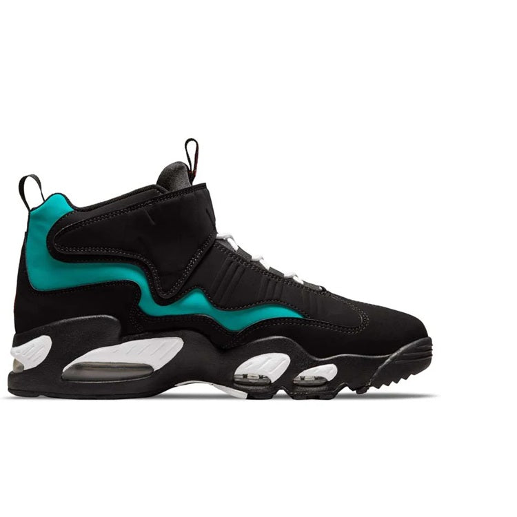Black high-top sneakers with teal side panel and chunky air sole