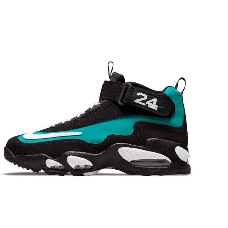 Black high-top sneakers with teal accents and air-cushioned sole