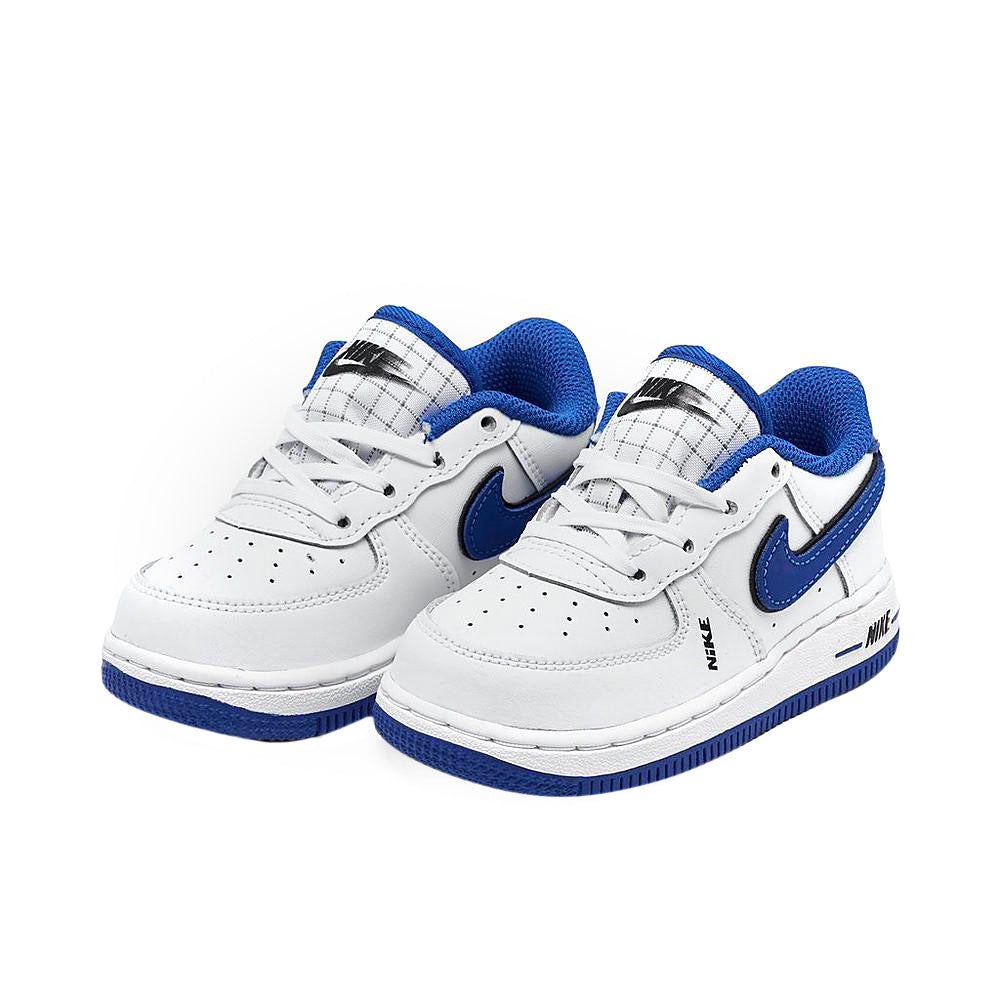 Toddler white low-top sneakers with blue swoosh and checkered collar panels