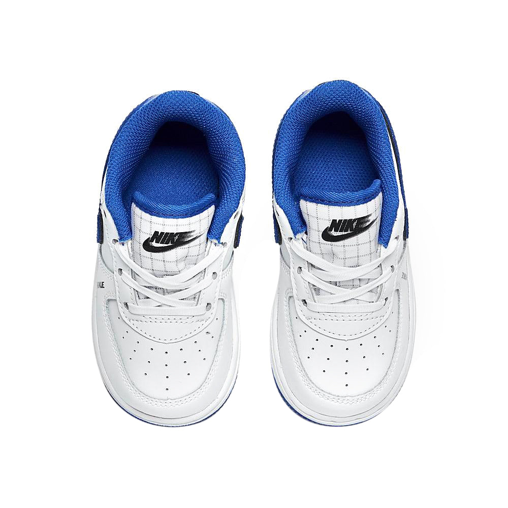 Toddler white sneakers with blue padded collar and laces, rear logo on heel