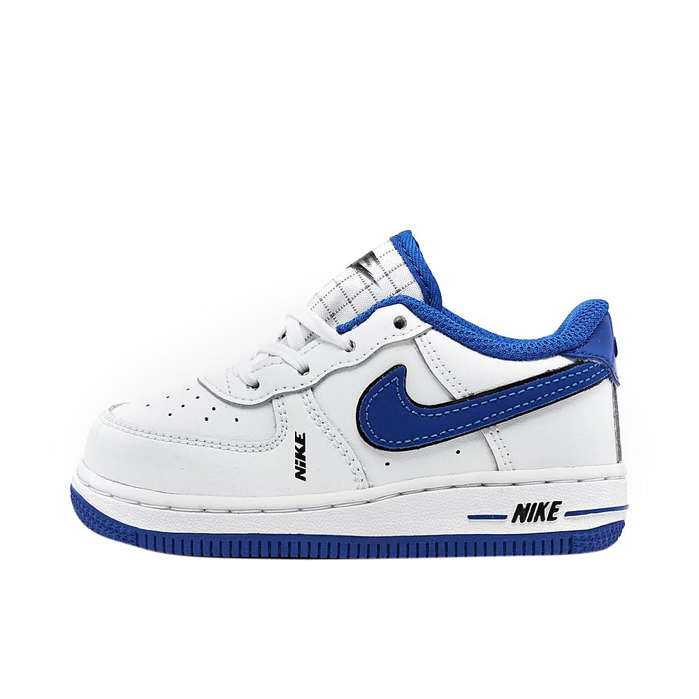 Toddler white low-top sneakers with blue swoosh, blue heel tab, and black accents
