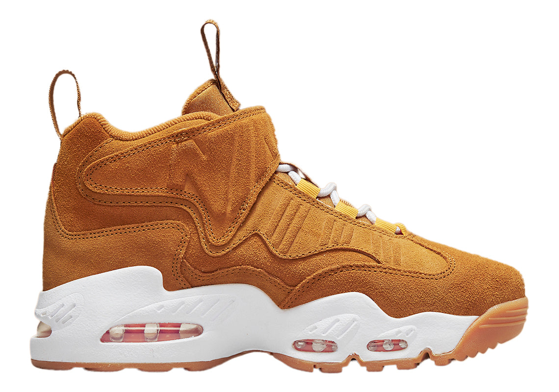 Kids high-top sneakers with wheat suede upper, white sole, and air window details
