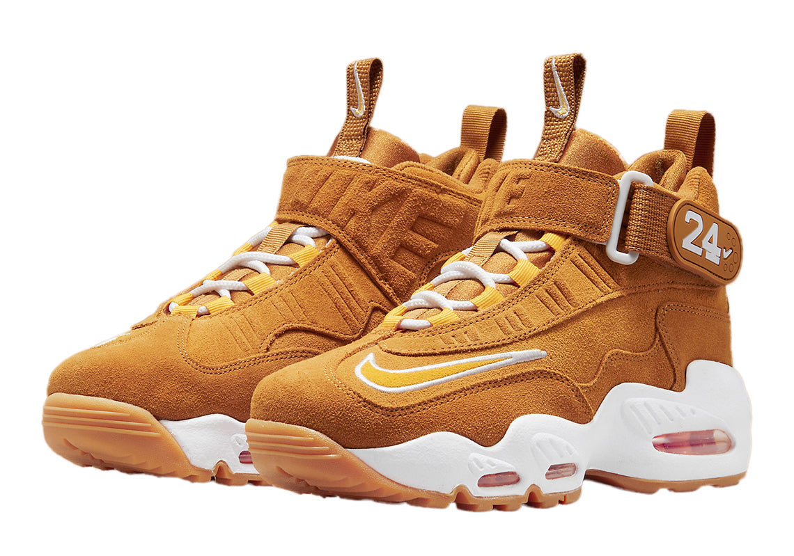 Kids high-top sneakers, wheat suede, white midsoles with red-tinted air pods
