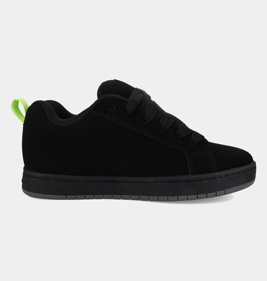 Black low-top sneakers with minimal side stitching and a green pull tab