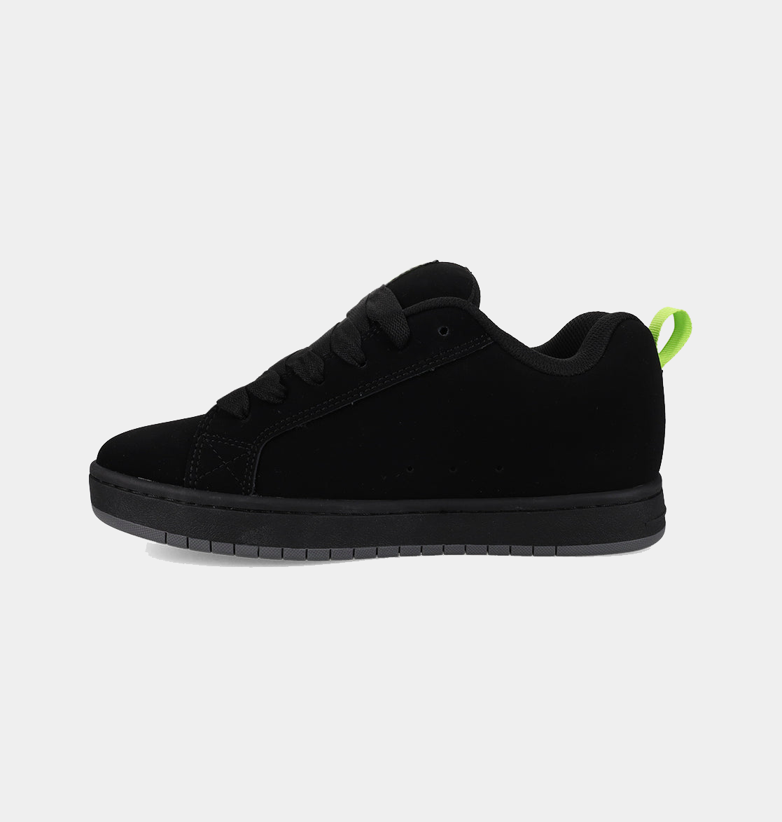 Black low-top sneakers with a green pull tab and clean front profile