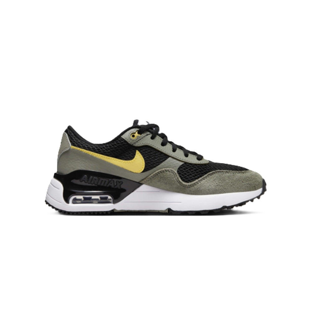 Big kid’s Nike Air Max shoes, dark gray/black with yellow swoosh and side Air window