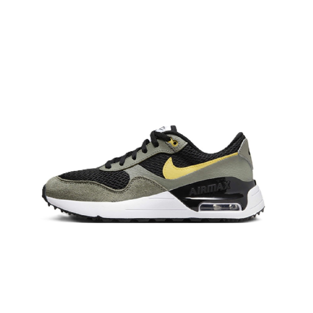 Big kid’s Nike Air Max shoes, side view in dark gray and black with yellow accent