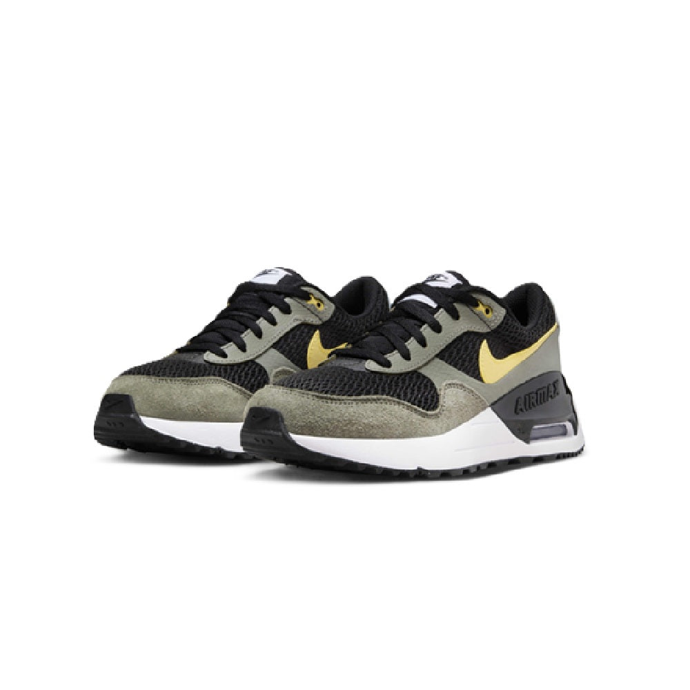 Big kid’s Nike Air Max shoes, front view in black, dark gray and yellow swoosh