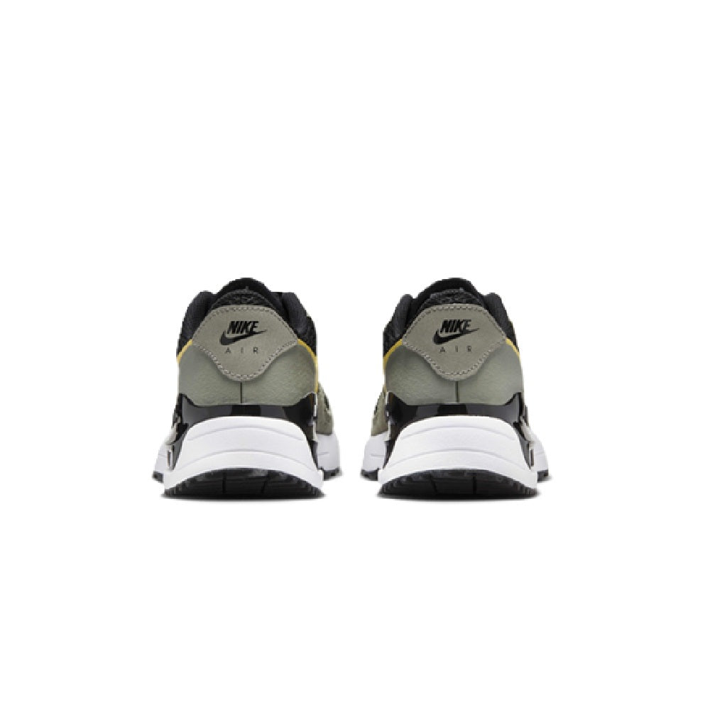 Big kid’s Nike Air Max shoes, heel view in black and dark gray with Nike logo