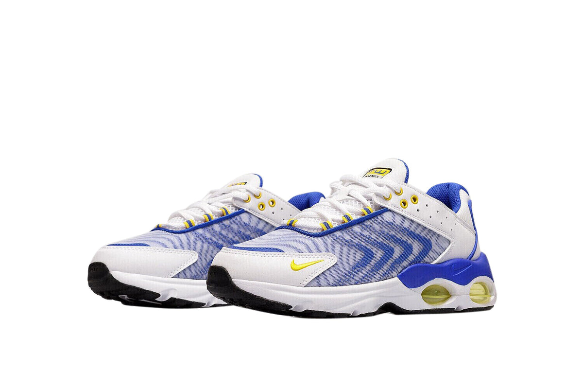 Kids' Nike Air Max TW sneakers, side view; white, blue upper and yellow details