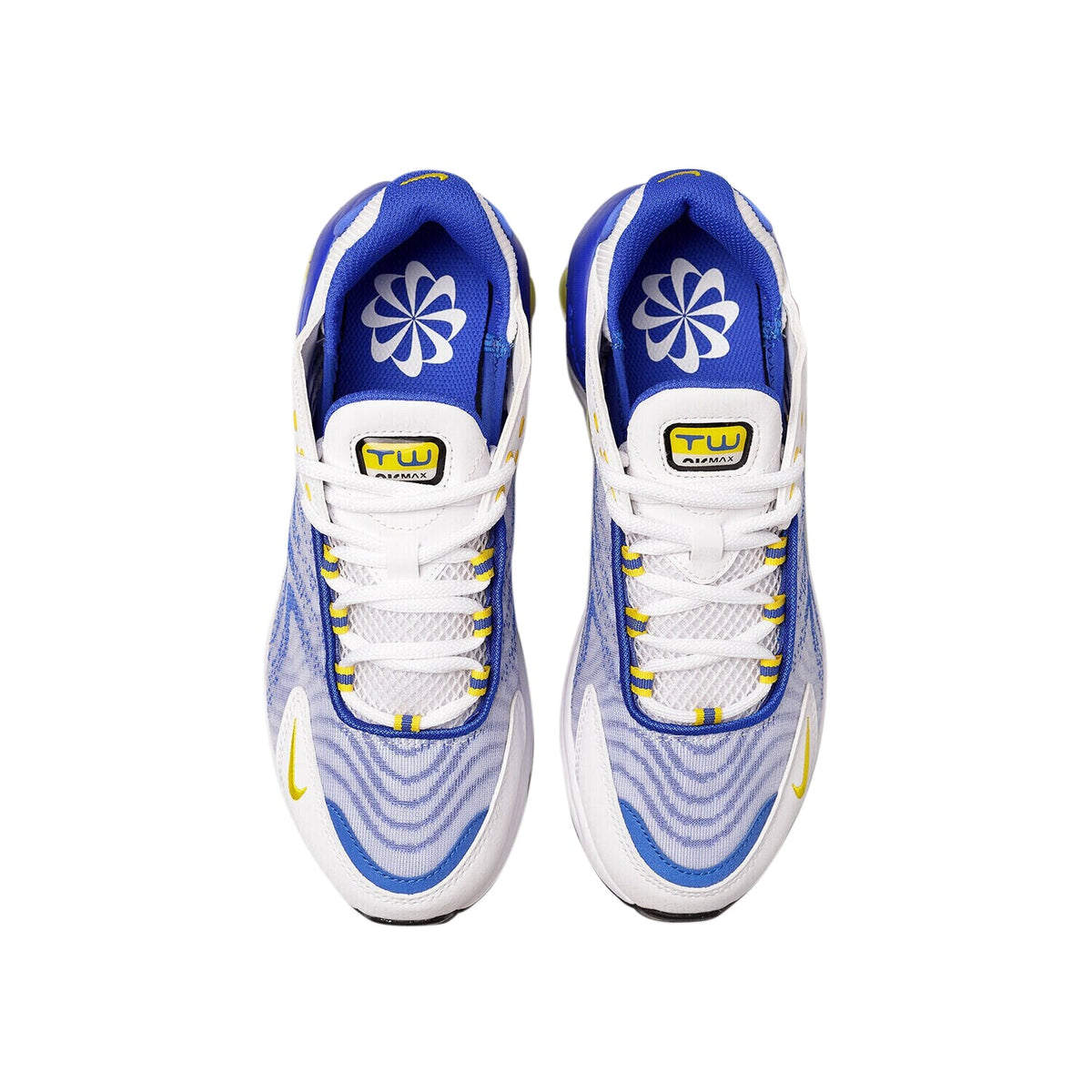 Kids' Nike Air Max TW sneakers, front view; white laces, blue heel and sole