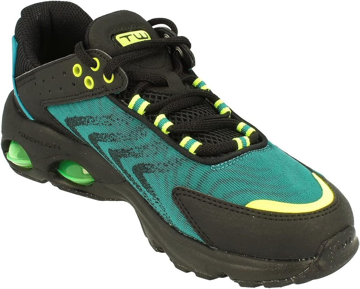 Nike Air Max TW kids sneakers, teal mesh with black laces, neon yellow accents