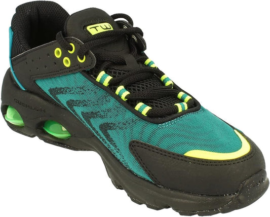 Nike Air Max TW kids sneakers, teal mesh with black laces, neon yellow accents
