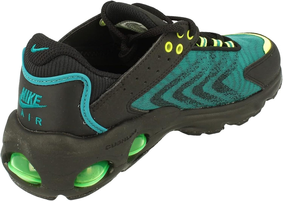 Nike Air Max TW kids sneakers, black and teal with Air window, neon green outsole