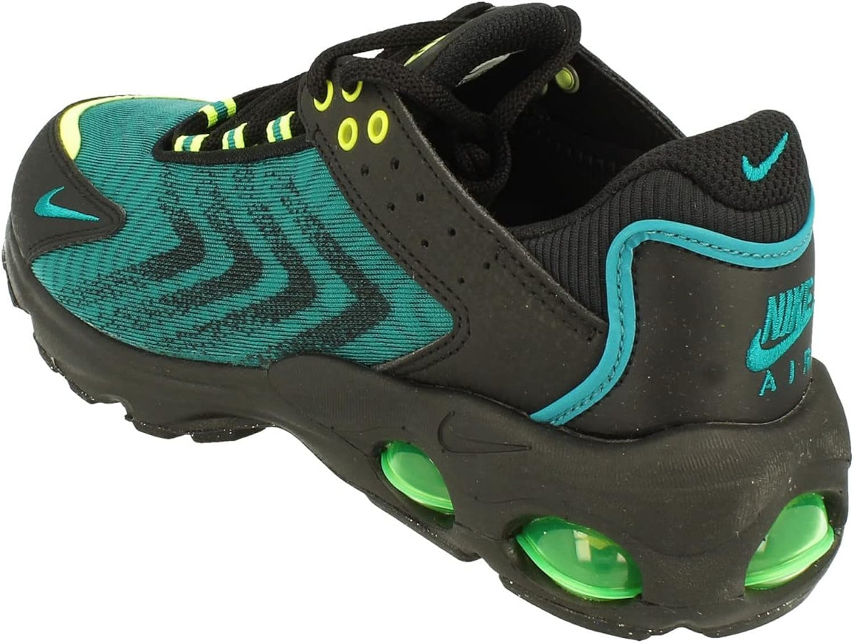 Nike Air Max TW kids sneakers, teal knit upper, black panels, green Air windows