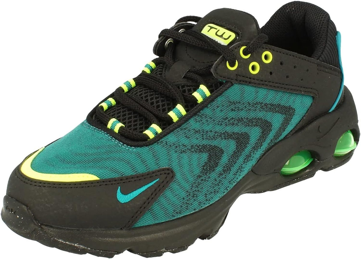 Nike Air Max TW kids sneakers, teal top with black laces and neon yellow stripe